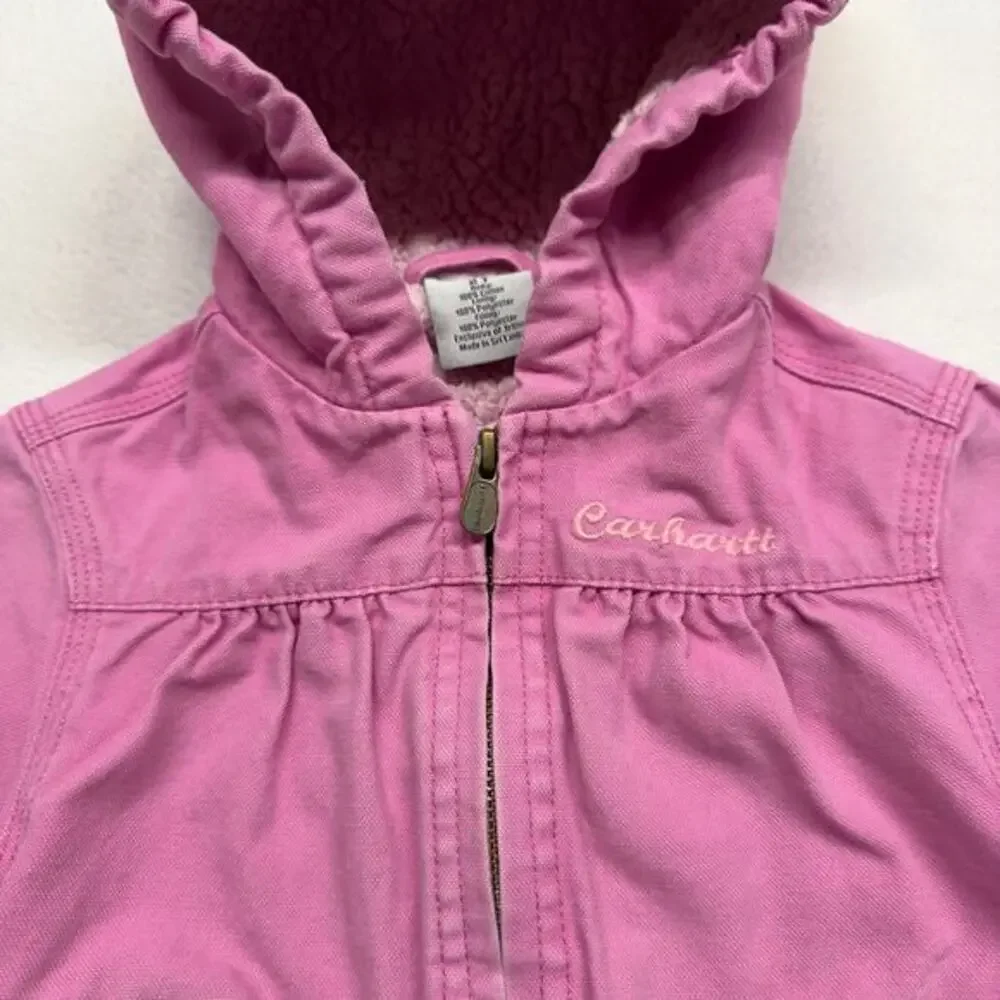 Vintage Carhartt Canvas Jacket Girls 2T Sherpa‎ Lined Hooded Embroidered Logo